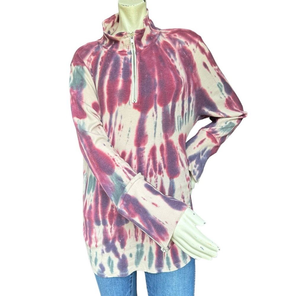 Chaser Tie Dye Ribbed 1/4 Zip Long Sleeve Top with Zipper Detail Size Large